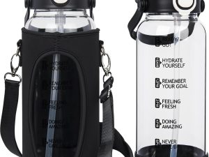 Seekua 1.5l Glass Water Bottle with Straw & motivational Time Markings 1.5 litre large Drinking Bottle with Fruit Infuser for Juice, Smoothie, Milkshake