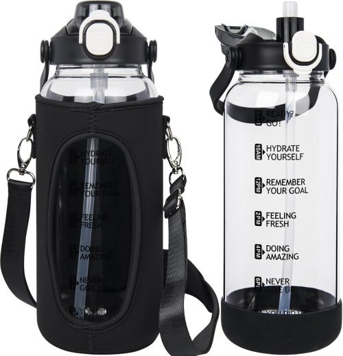 Seekua 1.5l Glass Water Bottle with Straw & motivational Time Markings 1.5 litre large Drinking Bottle with Fruit Infuser for Juice, Smoothie, Milkshake