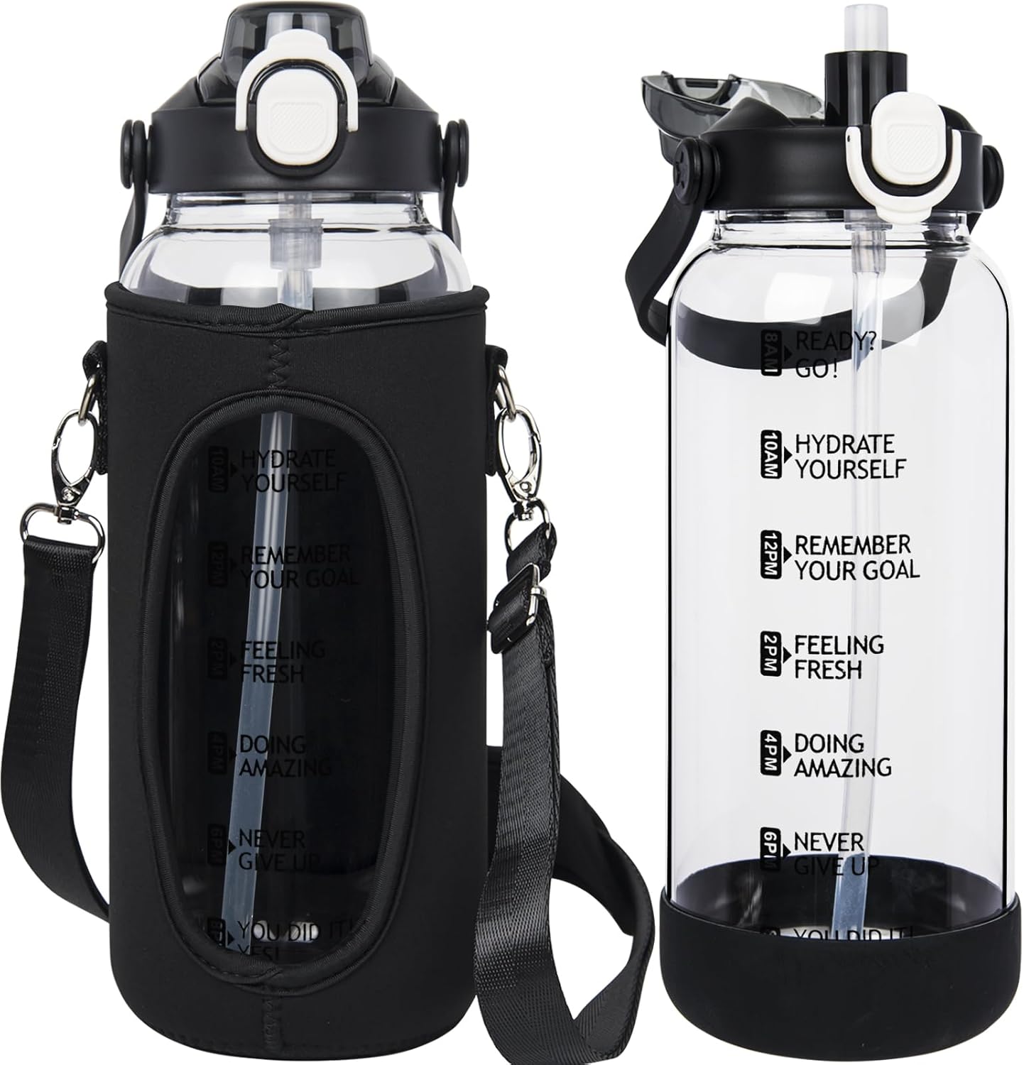 Seekua 1.5l Glass Water Bottle with Straw & motivational Time Markings 1.5 litre large Drinking Bottle with Fruit Infuser for Juice, Smoothie, Milkshake