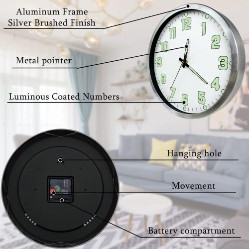 DORBOKER Upgrade Luminous Wall Clock For Bedroom Silent Non-Ticking Night Lights Battery Operated Glow In The Dark Clock for Kitchen Living Room Office Decor (Brush Silver Frame) - Image 2