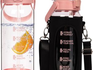 Seekua 1.5l Large Glass Water Bottle with Straw & Time Markings 1.5 litre Big Motivational Glass Drinking Bottle BPA free Leakproof