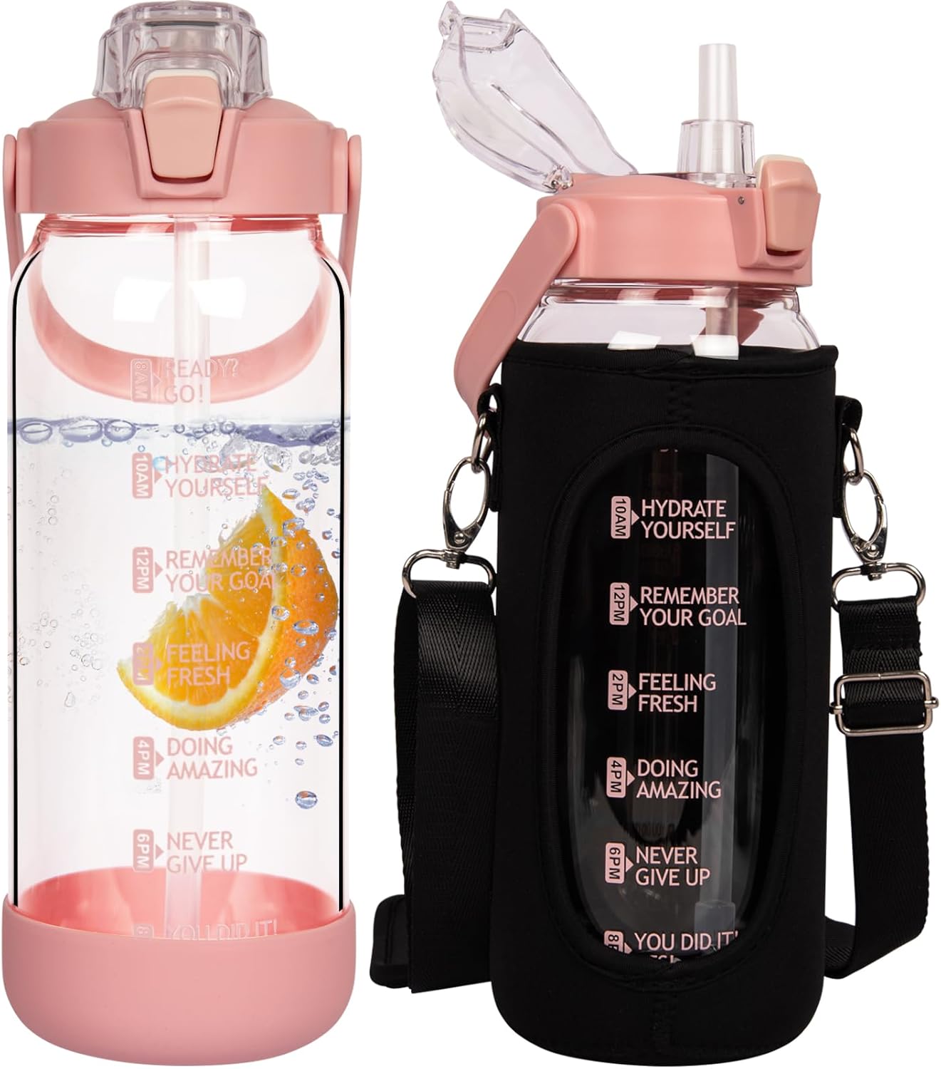 Seekua 1.5l Large Glass Water Bottle with Straw & Time Markings 1.5 litre Big Motivational Glass Drinking Bottle BPA free Leakproof