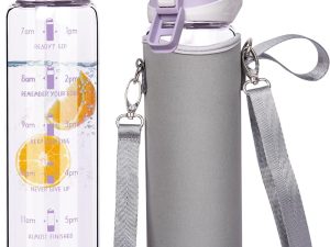 Seekua 1l Large Glass Water Bottle with Straw & Time Markings 1 litre Big Motivational Glass Drinking Bottle BPA free Leakproof