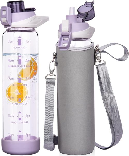 Seekua 1l Large Glass Water Bottle with Straw & Time Markings 1 litre Big Motivational Glass Drinking Bottle BPA free Leakproof