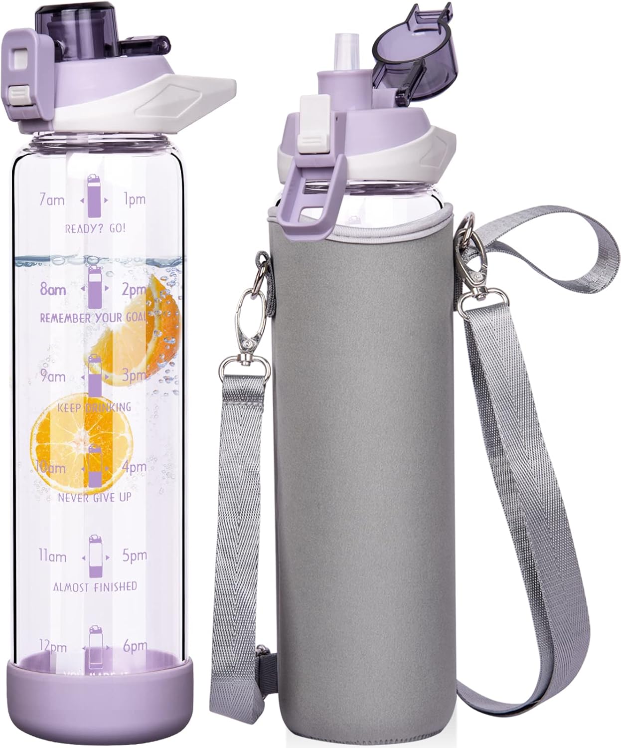 Seekua 1l Large Glass Water Bottle with Straw & Time Markings 1 litre Big Motivational Glass Drinking Bottle BPA free Leakproof