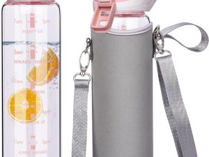 Seekua 1l Large Glass Water Bottle with Straw & Time Markings 1 litre Big Motivational Glass Drinking Bottle BPA free Leakproof Pink