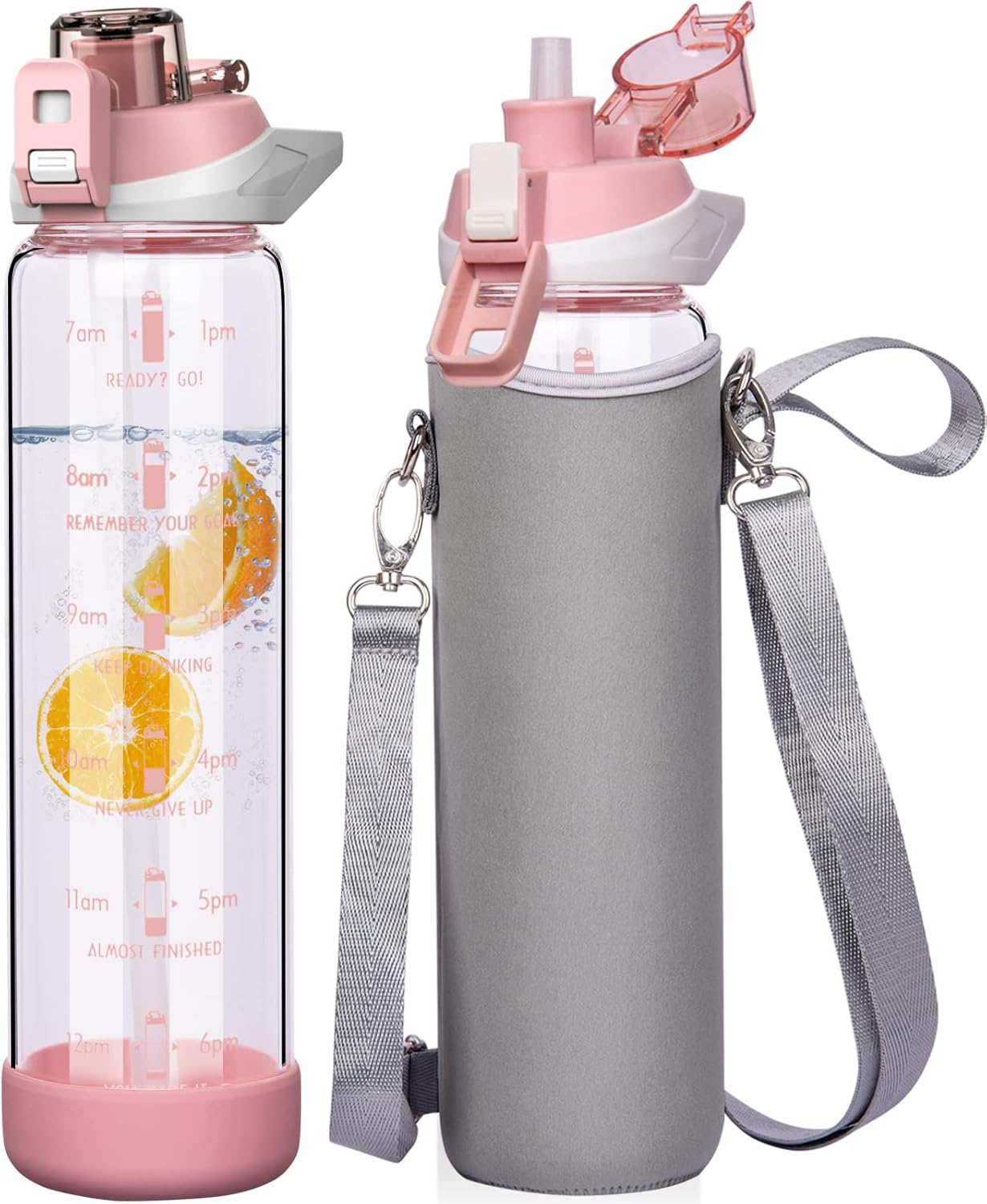 Seekua 1l Large Glass Water Bottle with Straw & Time Markings 1 litre Big Motivational Glass Drinking Bottle BPA free Leakproof Pink