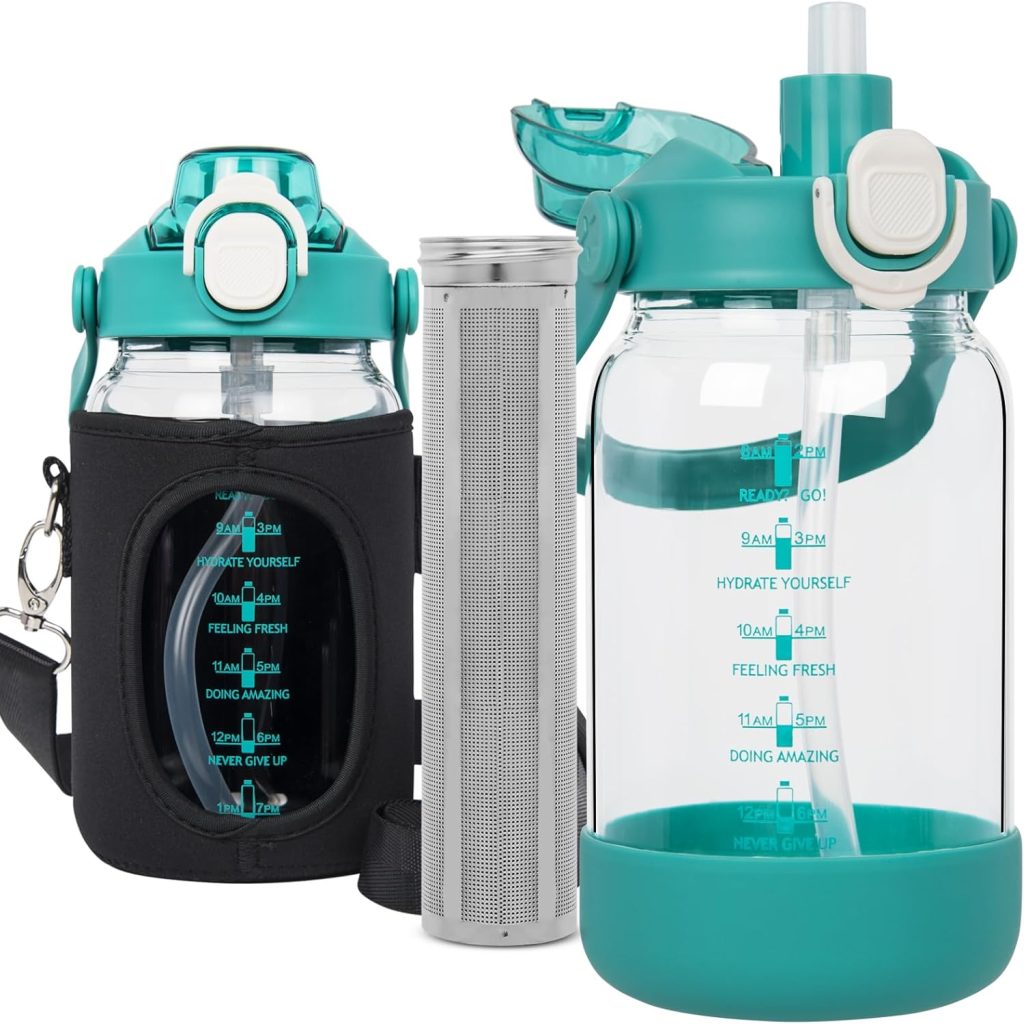 Seekua 1l Glass Water Bottle with Straw & motivational Time Markings 1 litre large Drinking Bottle with Fruit Infuser for Juice, Smoothie, Milkshake