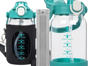 Seekua 1l Glass Water Bottle with Straw & motivational Time Markings 1 litre large Drinking Bottle with Fruit Infuser for Juice, Smoothie, Milkshake
