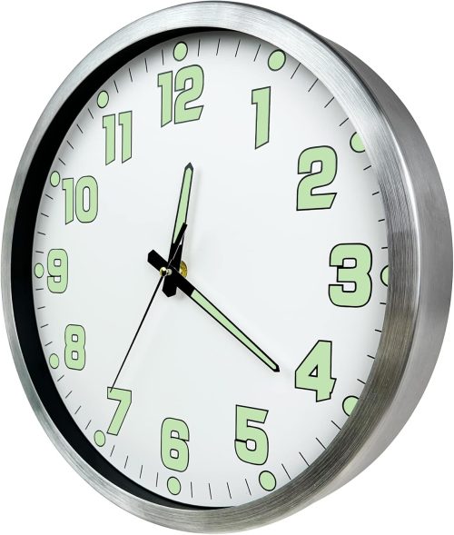 DORBOKER Upgrade Luminous Wall Clock For Bedroom Silent Non-Ticking Night Lights Battery Operated Glow In The Dark Clock for Kitchen Living Room Office Decor (Brush Silver Frame) - Image 5
