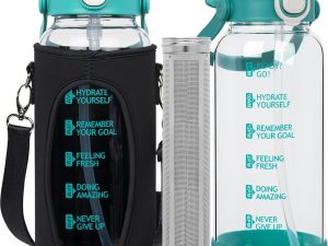 Seekua 1l Glass Water Bottle with Straw & motivational Time Markings 1 litre large Drinking Bottle with Fruit Infuser for Juice, Smoothie, Milkshake