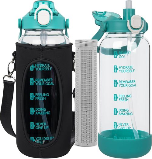 Seekua 1l Glass Water Bottle with Straw & motivational Time Markings 1 litre large Drinking Bottle with Fruit Infuser for Juice, Smoothie, Milkshake