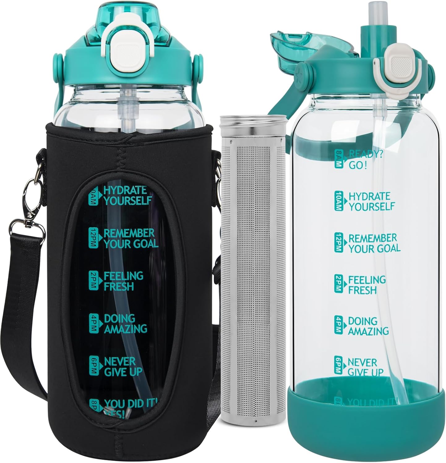 Seekua 1l Glass Water Bottle with Straw & motivational Time Markings 1 litre large Drinking Bottle with Fruit Infuser for Juice, Smoothie, Milkshake