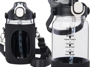 Seekua 1l Glass Water Bottle with Straw & motivational Time Markings 1 litre large Drinking Bottle with Fruit Infuser for Juice, Smoothie, Milkshake Black
