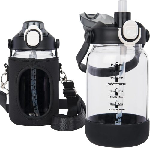 Seekua 1l Glass Water Bottle with Straw & motivational Time Markings 1 litre large Drinking Bottle with Fruit Infuser for Juice, Smoothie, Milkshake Black
