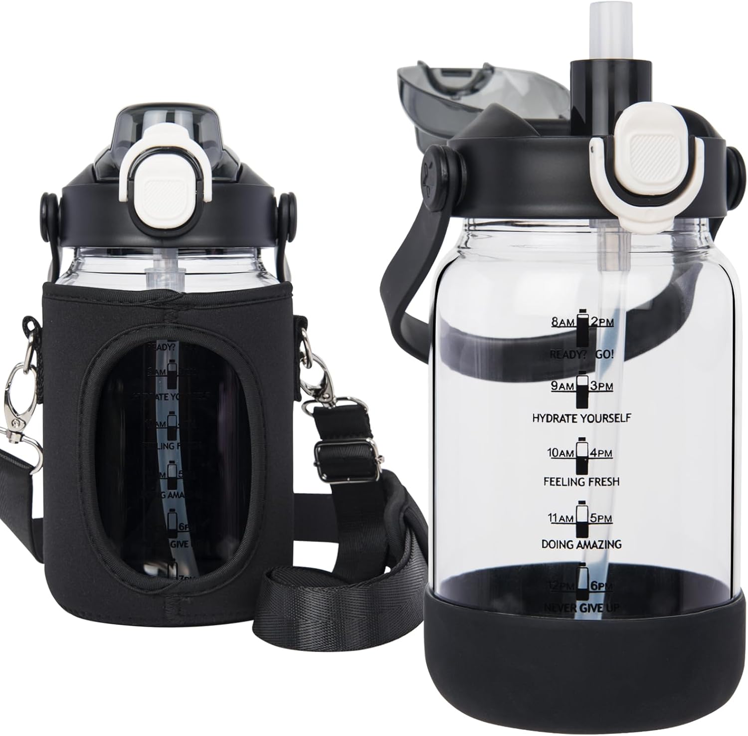 Seekua 1l Glass Water Bottle with Straw & motivational Time Markings 1 litre large Drinking Bottle with Fruit Infuser for Juice, Smoothie, Milkshake Black