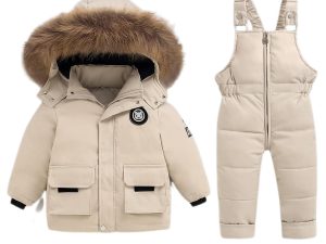 BRONG Toddler Snow Suit Winter Baby Two Piece Puffer Down Jacket Coat with Snow Bib Pants Boys Girls Ski Suit Clothing White 2-3 Years
