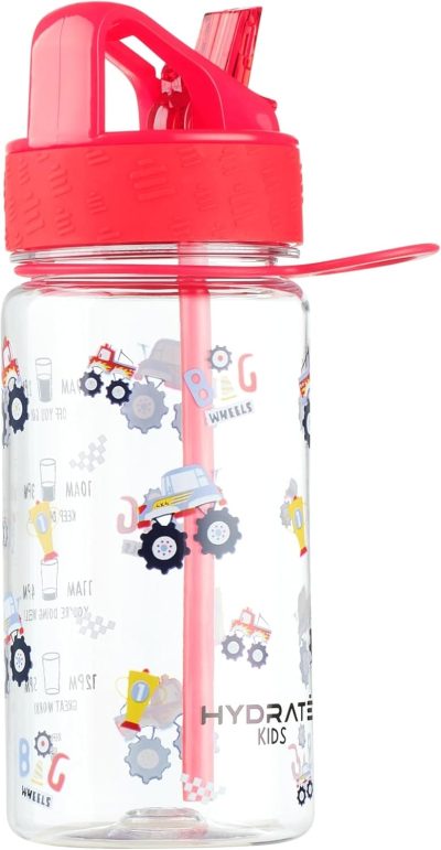 HYDRATE Kids Tracker Straw Water Bottle 400ml, Motivational Time Markings, With Patterns