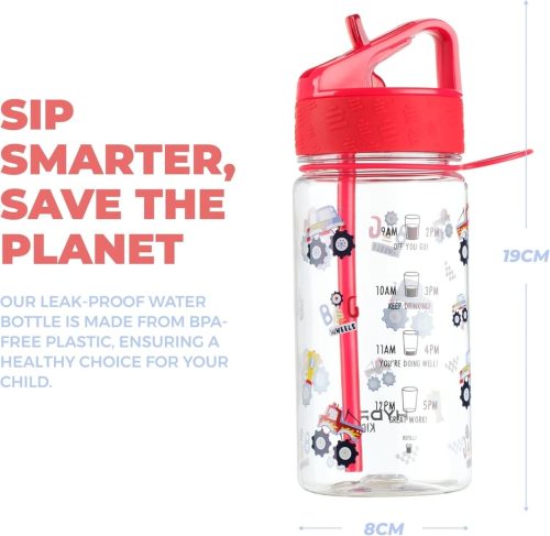 HYDRATE Kids Tracker Straw Water Bottle 400ml, Motivational Time Markings, With Patterns - Image 3