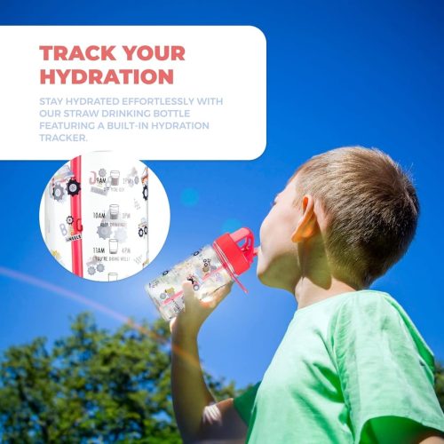 HYDRATE Kids Tracker Straw Water Bottle 400ml, Motivational Time Markings, With Patterns - Image 4