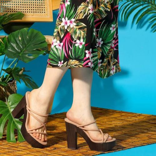 Allegra K Women's Platform Strappy Chunky Heel Slide Nude Sandals - Image 2