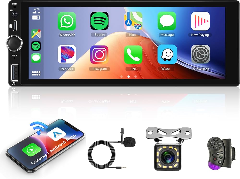 Rimoody Single Din Wireless Carplay Car Stereo Android Auto 6.86 inch HD Touch Screen Car Radio Bluetooth FM/RDS EQ Backup Camera USB Type-C SWC