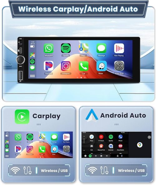 Rimoody Single Din Wireless Carplay Car Stereo Android Auto 6.86 inch HD Touch Screen Car Radio Bluetooth FM/RDS EQ Backup Camera USB Type-C SWC - Image 2