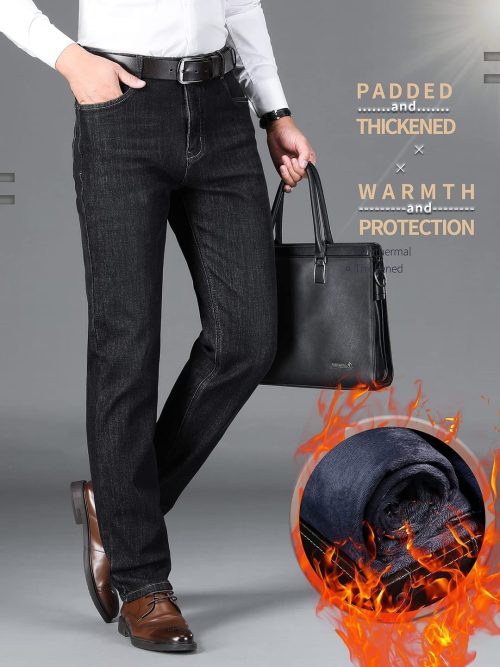 Ziilay Mens Fleece Lined Thermal Jeans Business Casual Warm Work Trousers for Winter 8128H Black - Image 2