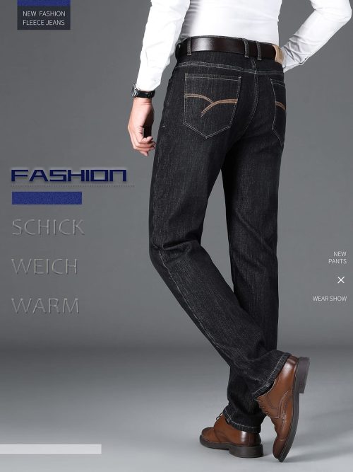 Ziilay Mens Fleece Lined Thermal Jeans Business Casual Warm Work Trousers for Winter 8128H Black - Image 3