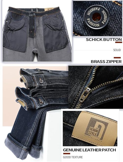 Ziilay Mens Fleece Lined Thermal Jeans Business Casual Warm Work Trousers for Winter 8128H Black - Image 5