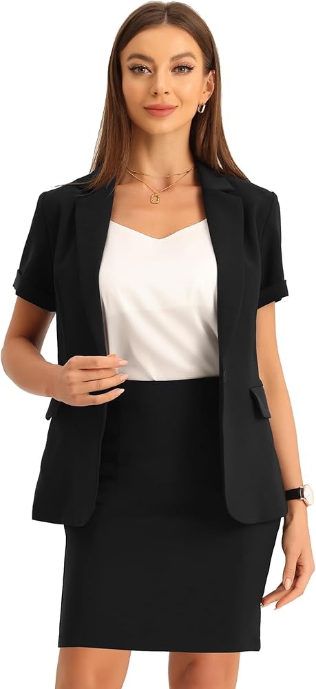 Allegra K Suit Sets for Women's 2 Piece Outfits Blazer Work Pencil Skirt Suit Black
