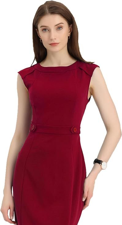Allegra K Round Neck Work Sheath Dress for Women's Mothers Day Costumes Slim Fit Sleeveless Pencil Dresses Wine Red