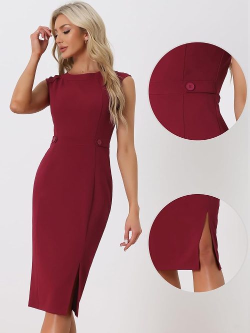 Allegra K Round Neck Work Sheath Dress for Women's Mothers Day Costumes Slim Fit Sleeveless Pencil Dresses Wine Red - Image 2