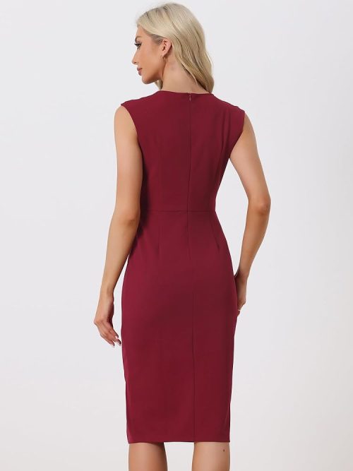 Allegra K Round Neck Work Sheath Dress for Women's Mothers Day Costumes Slim Fit Sleeveless Pencil Dresses Wine Red - Image 3