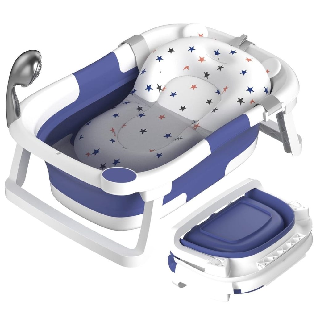 Rabb 1st Baby Bath Tub Foldable, Portable Bath Newborn to Toddler with Non-Slip Mat, Drain Hole, No Thermometer Blue