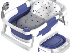 Rabb 1st Baby Bath Tub Foldable, Portable Bath Newborn to Toddler with Non-Slip Mat, Drain Hole, No Thermometer Blue