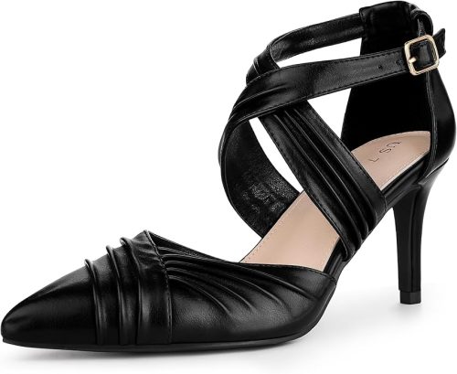 Allegra K Women's Slouches Cross Strap Pointed Toe Stiletto Heels Pumps Black