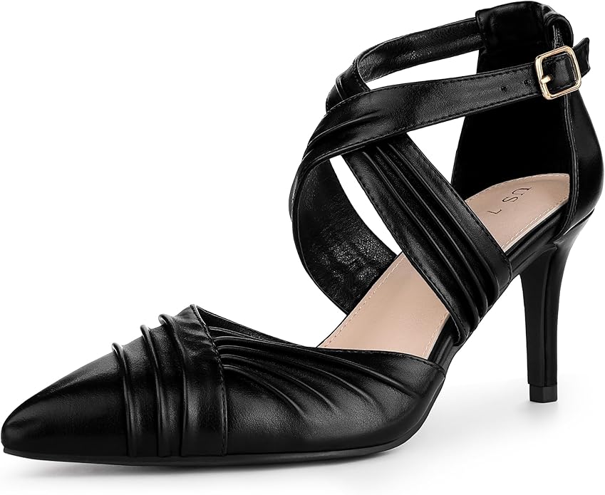Allegra K Women's Slouches Cross Strap Pointed Toe Stiletto Heels Pumps Black