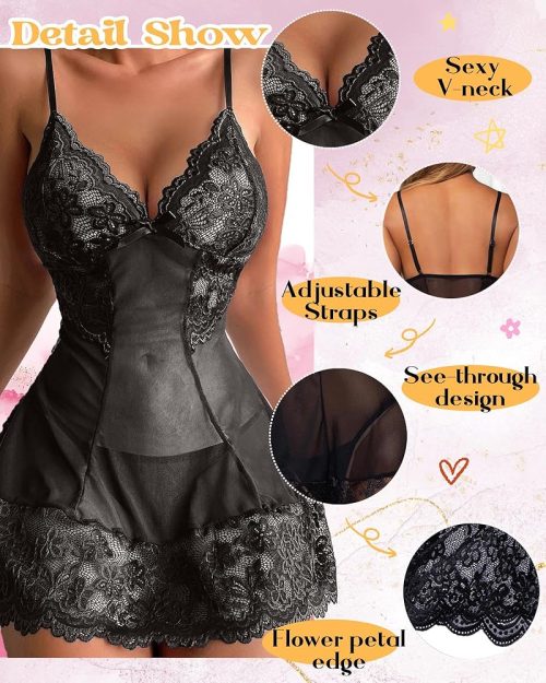 CheChury Lingerie Sets for Women Lingerie Dress with Thong V Neck Lace Ladies Underwear Sets 2 Pieces Stretchy Tulle Chemises Nightdress Sleeveless Babydoll Nightwear Sleepwear, Black - Image 3