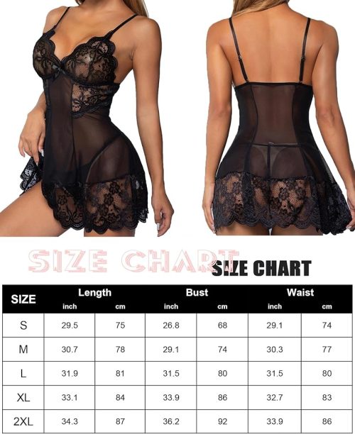 CheChury Lingerie Sets for Women Lingerie Dress with Thong V Neck Lace Ladies Underwear Sets 2 Pieces Stretchy Tulle Chemises Nightdress Sleeveless Babydoll Nightwear Sleepwear, Black - Image 4