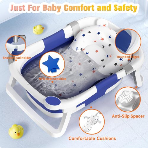 Rabb 1st Baby Bath Tub Foldable, Portable Bath Newborn to Toddler with Non-Slip Mat, Drain Hole, No Thermometer Blue - Image 4