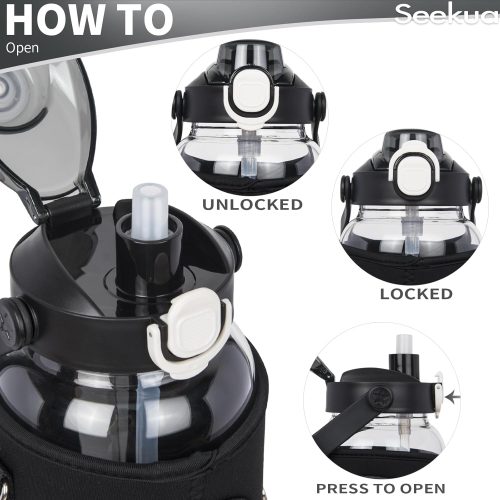 Seekua 1l Glass Water Bottle with Straw & motivational Time Markings 1 litre large Drinking Bottle with Fruit Infuser for Juice, Smoothie, Milkshake Black - Image 2
