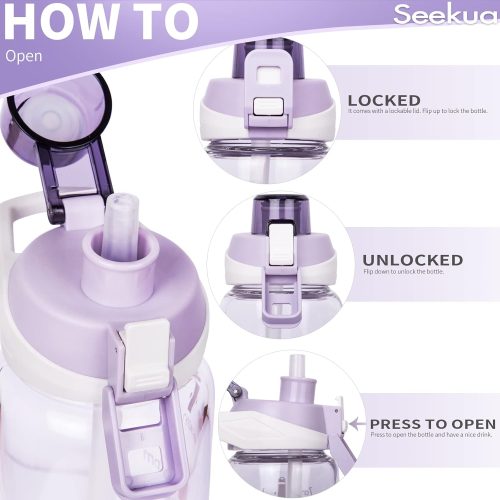 Seekua 1l Large Glass Water Bottle with Straw & Time Markings 1 litre Big Motivational Glass Drinking Bottle BPA free Leakproof - Image 2