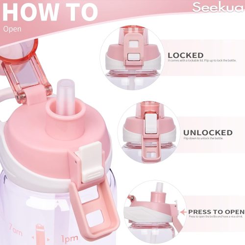 Seekua 1l Large Glass Water Bottle with Straw & Time Markings 1 litre Big Motivational Glass Drinking Bottle BPA free Leakproof Pink - Image 2