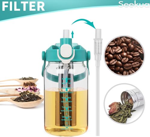 Seekua 1l Glass Water Bottle with Straw & motivational Time Markings 1 litre large Drinking Bottle with Fruit Infuser for Juice, Smoothie, Milkshake - Image 3