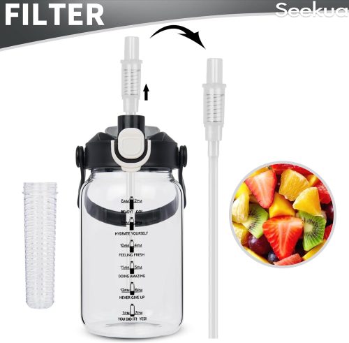 Seekua 1l Glass Water Bottle with Straw & motivational Time Markings 1 litre large Drinking Bottle with Fruit Infuser for Juice, Smoothie, Milkshake Black - Image 3