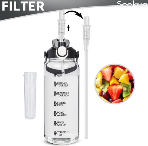 Seekua 1.5l Glass Water Bottle with Straw & motivational Time Markings 1.5 litre large Drinking Bottle with Fruit Infuser for Juice, Smoothie, Milkshake - Image 3