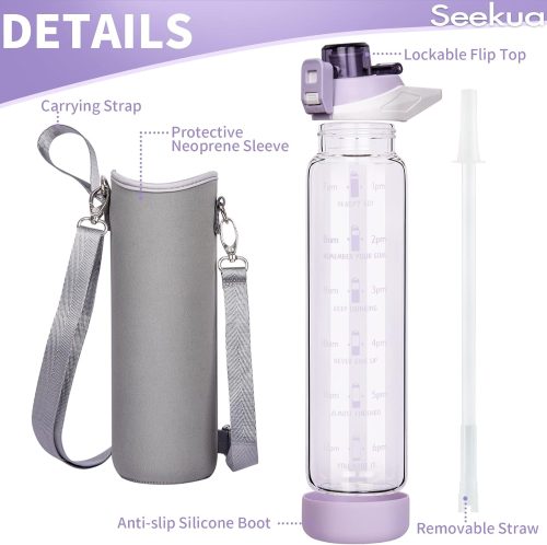 Seekua 1l Large Glass Water Bottle with Straw & Time Markings 1 litre Big Motivational Glass Drinking Bottle BPA free Leakproof - Image 3