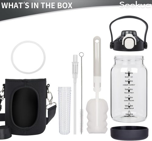 Seekua 1l Glass Water Bottle with Straw & motivational Time Markings 1 litre large Drinking Bottle with Fruit Infuser for Juice, Smoothie, Milkshake Black - Image 4
