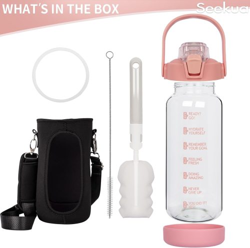 Seekua 1.5l Large Glass Water Bottle with Straw & Time Markings 1.5 litre Big Motivational Glass Drinking Bottle BPA free Leakproof - Image 4